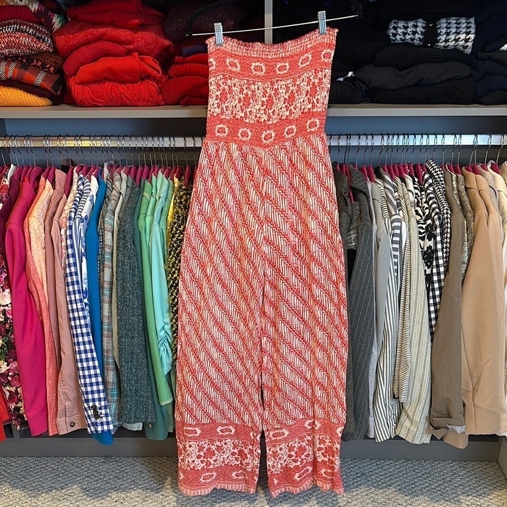 Free People red/ivory print strapless smocked bust jumpsuit size S